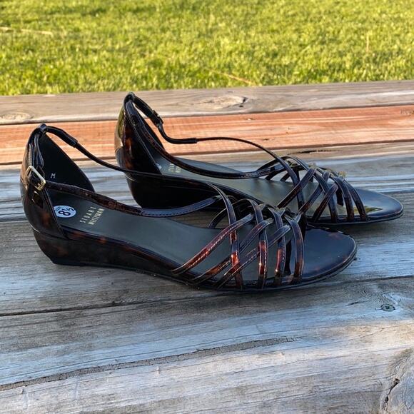 New Stuart Weitzman Brown Patent Leather Open Toe Strappy Wedge Sandals 8 1/2 M - Picture 3 of 11